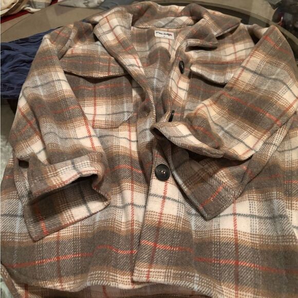 Miss Selfie Brown and White Flannel Jacket with Classic Collar - Picture 1 of 3